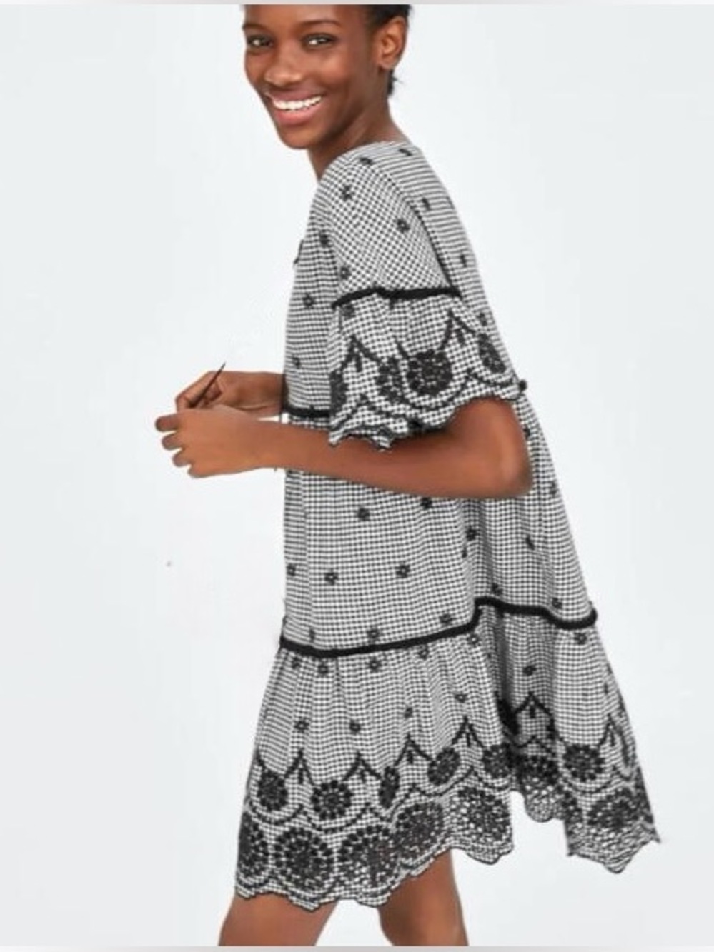 Zara TRF Black and White Gingham Eyelet Dress Lace Trim Dress